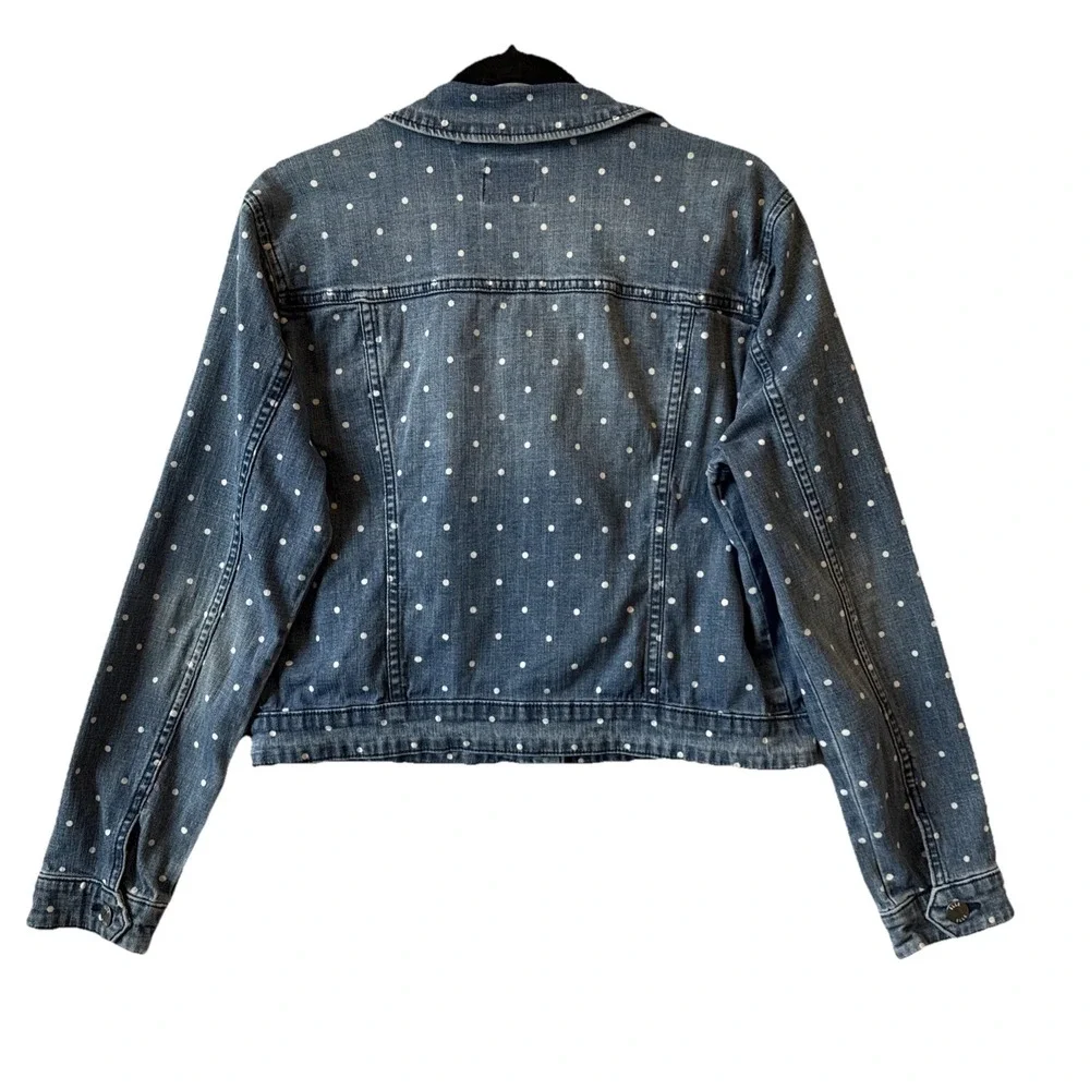 Elle Polka Dot Distressed Blue‎ Denim Trucker Jacket L Retro Chic Indie Sleaze